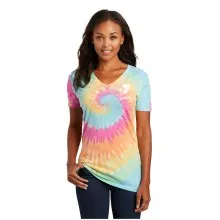 Ladies Short Sleeve V-Neck Tie Dye 100% Cotton Tee - Screen Print